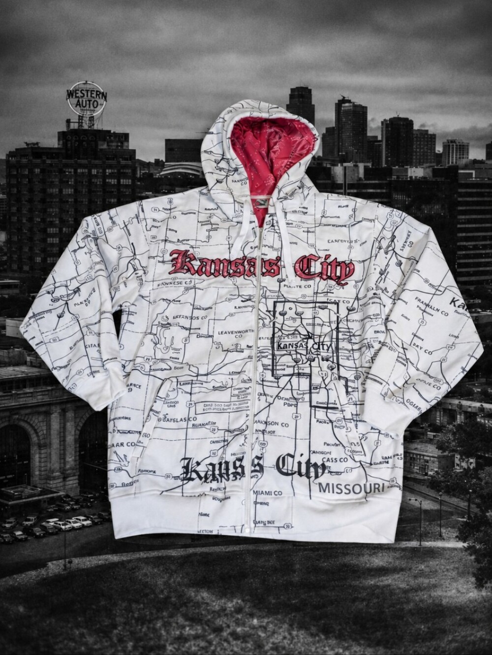 vtg Y2K Beyond The Limit White Kansas City Map Fleece Jacket Hoodie Sz XXL